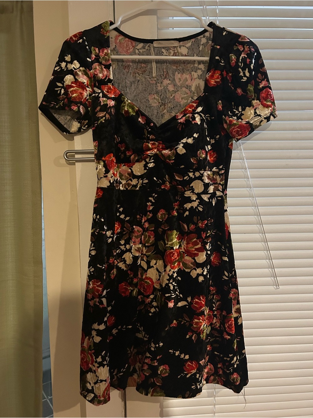 Urban Outfitters Black Velvet Mini Dress with Red Rose Floral Print